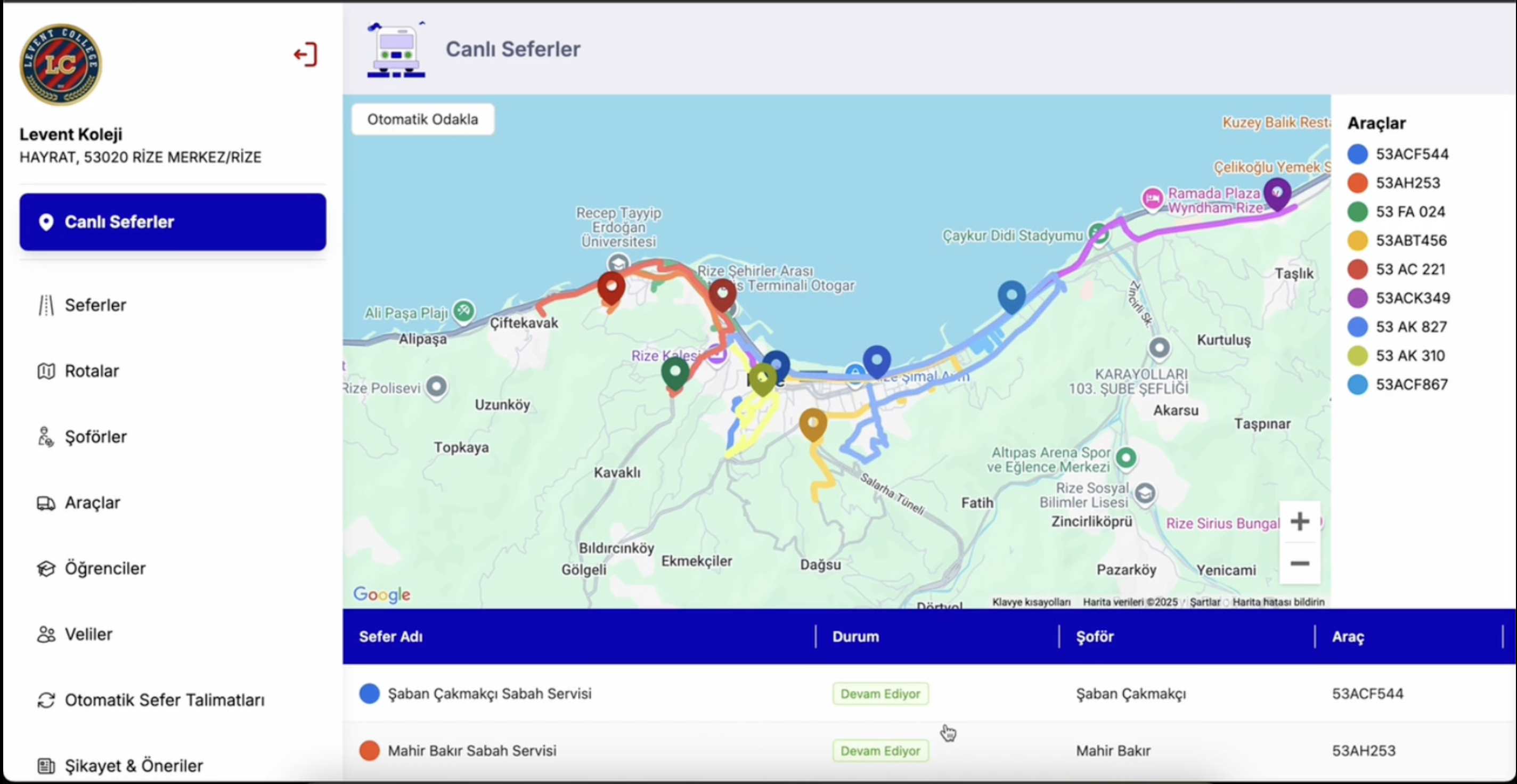 Tüm Araçların Konumlarının Aynı Anda Tek Ekranda Takibi - SchoolRoute Panel Görüntüsü