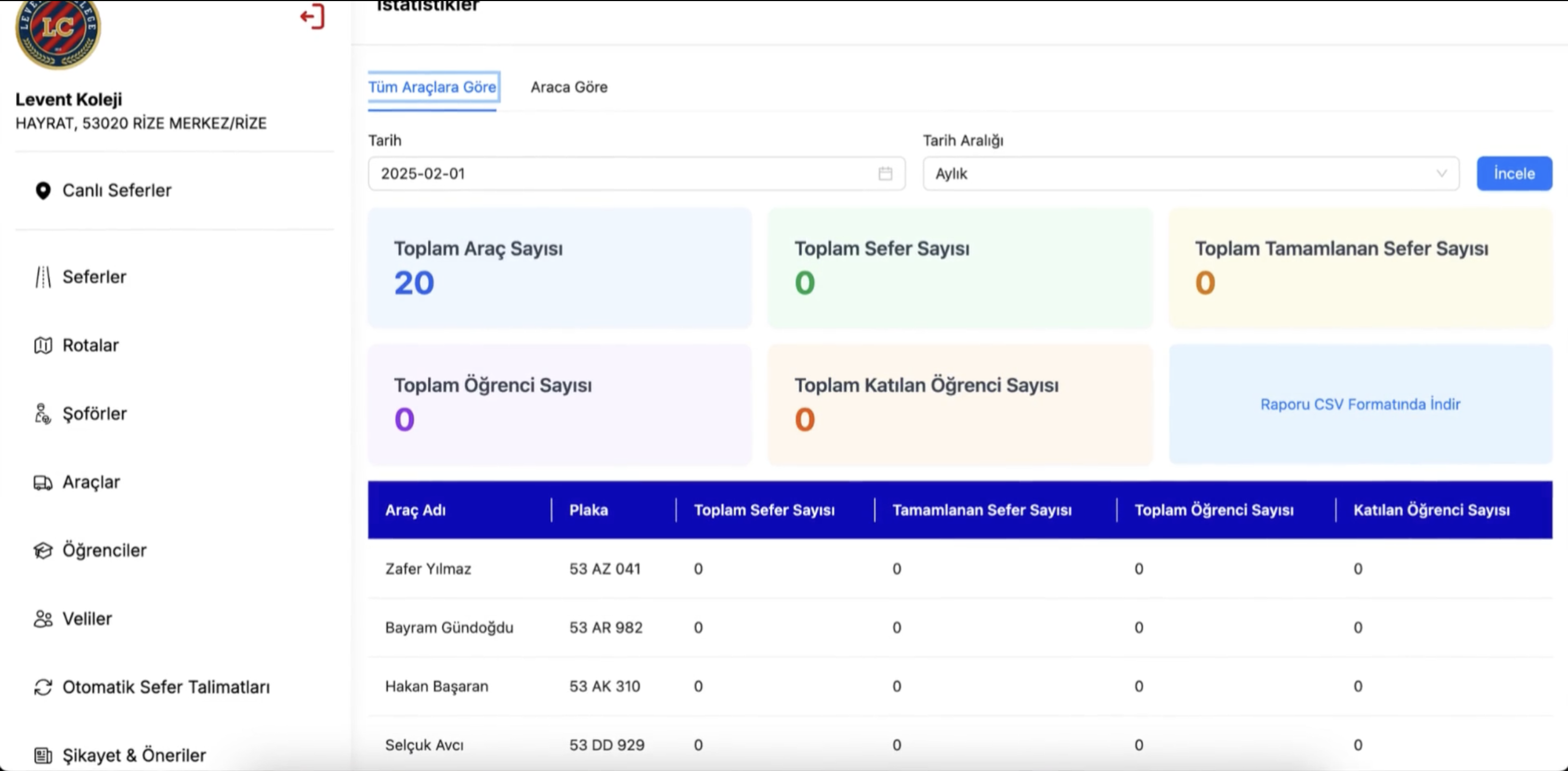 Araç - Veli - Öğrenci Raporlamaları - SchoolRoute Raporlama Paneli